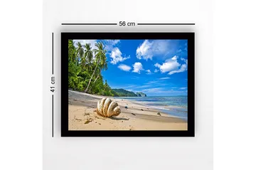 Innrammet lerretsbilde i tre - 41x56 cm - Skjell på en solrik strand med palmer i bakgrunnen - Blå / Grønn / Beige - Interiør - Maleri & posters - Lerretsbilder