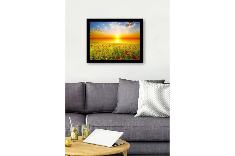 Innrammet lerretsbilde i tre - 41x56 cm - Solnedgang over en blomstrende eng med valmuer - Gul / Grønn / Rød - Interiør - Maleri & posters - Lerretsbilder