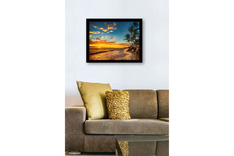 Innrammet lerretsbilde i tre - 41x56 cm - Solnedgang over en strand med palmer og bølger - Oransje / Blå / Grønn - Interiør - Maleri & posters - Lerretsbilder