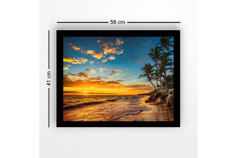 Innrammet lerretsbilde i tre - 41x56 cm - Solnedgang over en strand med palmer og bølger - Oransje / Blå / Grønn - Interiør - Maleri & posters - Lerretsbilder