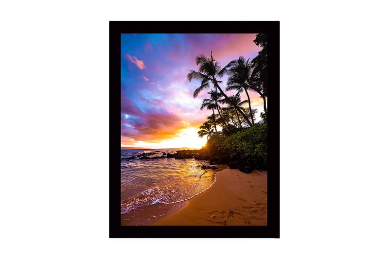 Innrammet lerretsbilde i tre - 41x56 cm - Solnedgang over en tropisk strand med palmer og glitrende vann, Lilla / Oransje / Grønn
