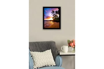 Innrammet lerretsbilde i tre - 41x56 cm - Solnedgang over en tropisk strand med palmer og glitrende vann - Lilla / Oransje / Grønn - Interiør - Maleri & posters - Lerretsbilder