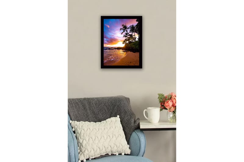 Innrammet lerretsbilde i tre - 41x56 cm - Solnedgang over en tropisk strand med palmer og glitrende vann - Lilla / Oransje / Grønn - Interiør - Maleri & posters - Lerretsbilder