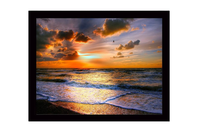 Innrammet lerretsbilde i tre - 41x56 cm - Solnedgang over havet med dramatiske skyformasjoner, Oransje / Blå / Gull