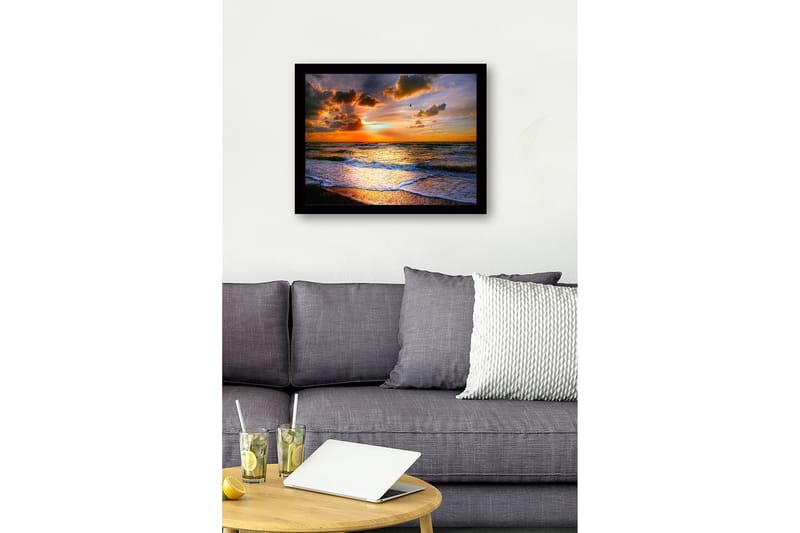 Innrammet lerretsbilde i tre - 41x56 cm - Solnedgang over havet med dramatiske skyformasjoner - Oransje / Blå / Gull - Interiør - Maleri & posters - Lerretsbilder