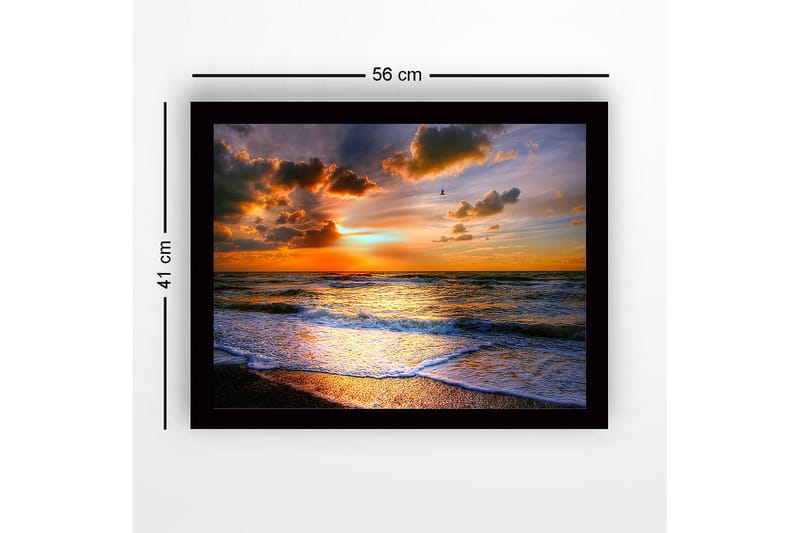 Innrammet lerretsbilde i tre - 41x56 cm - Solnedgang over havet med dramatiske skyformasjoner - Oransje / Blå / Gull - Interiør - Maleri & posters - Lerretsbilder