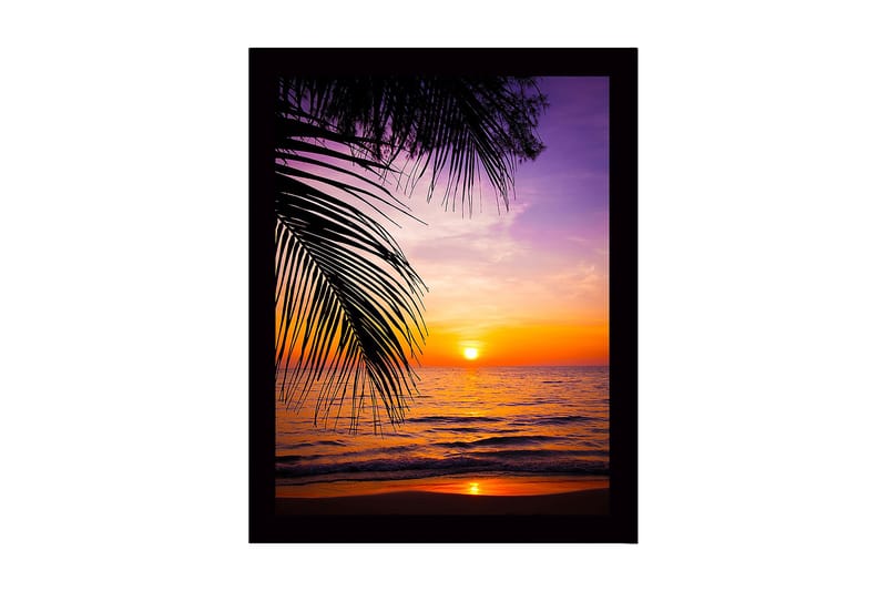 Innrammet lerretsbilde i tre - 41x56 cm - Solnedgang over havet med palmer i forgrunnen, Lilla / Oransje / Gul