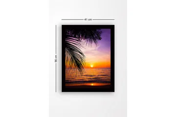 Innrammet lerretsbilde i tre - 41x56 cm - Solnedgang over havet med palmer i forgrunnen - Lilla / Oransje / Gul - Interiør - Maleri & posters - Lerretsbilder