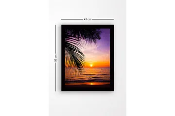 Innrammet lerretsbilde i tre - 41x56 cm - Solnedgang over havet med palmer i forgrunnen - Lilla / Oransje / Gul - Interiør - Maleri & posters - Lerretsbilder