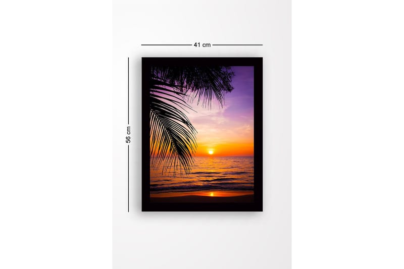 Innrammet lerretsbilde i tre - 41x56 cm - Solnedgang over havet med palmer i forgrunnen - Lilla / Oransje / Gul - Interiør - Maleri & posters - Lerretsbilder