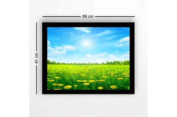 Innrammet lerretsbilde i tre - 41x56 cm - Solrik eng med blomstrende løvetann - Grønn / Gul / Blå - Interiør - Maleri & posters - Lerretsbilder