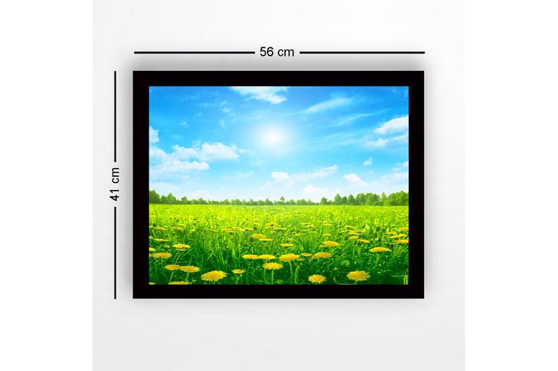 Innrammet lerretsbilde i tre - 41x56 cm - Solrik eng med blomstrende løvetann - Grønn / Gul / Blå - Interiør - Maleri & posters - Lerretsbilder