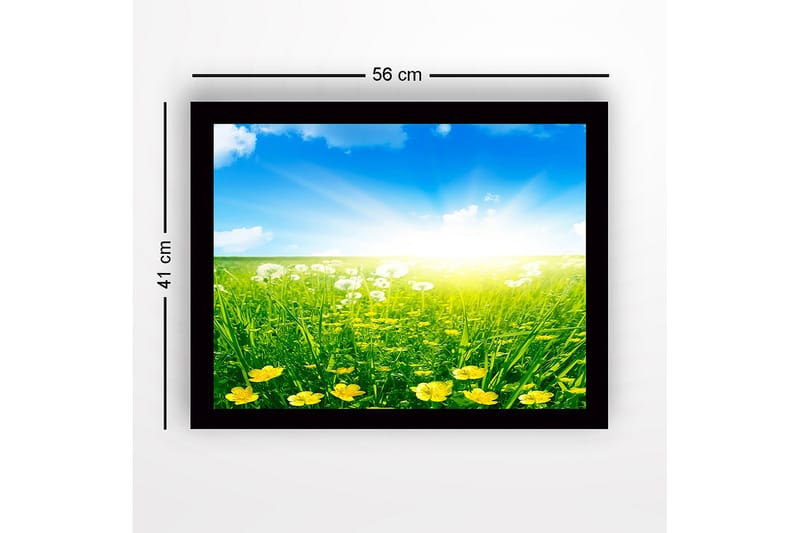Innrammet lerretsbilde i tre - 41x56 cm - Solrik eng med gule blomster og grønt gress - Gul / Grønn / Blå - Interiør - Maleri & posters - Lerretsbilder