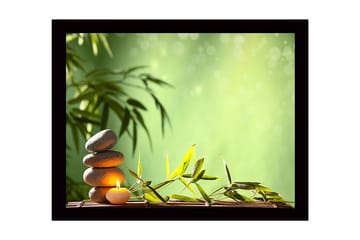 Innrammet lerretsbilde i tre - 41x56 cm - Steinbunke med et stearinlys omgitt av bambus og grønne nyanser - Grønn / Grå / Beige - Interiør - Maleri & posters - Lerretsbilder