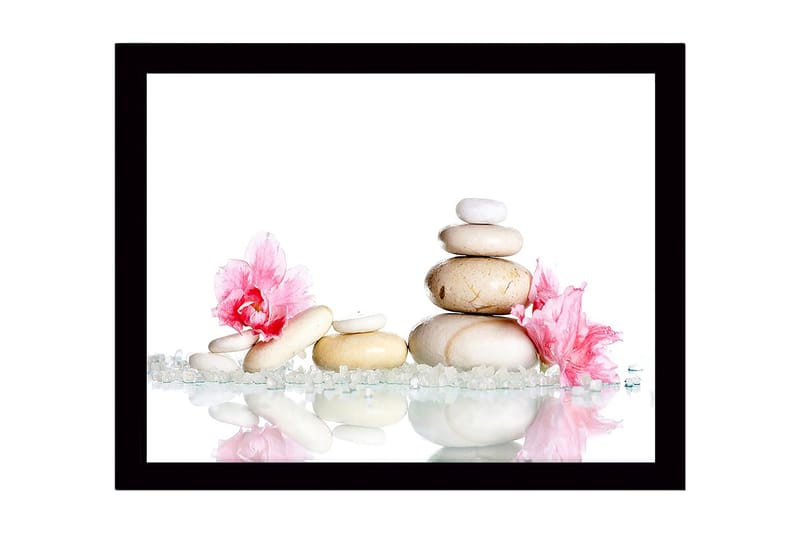 Innrammet lerretsbilde i tre - 41x56 cm - Steinrøys omgitt av rosa blomster og glitrende steiner, Hvit / Rosa / Beige
