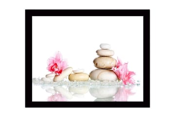 Innrammet lerretsbilde i tre - 41x56 cm - Steinrøys omgitt av rosa blomster og glitrende steiner - Hvit / Rosa / Beige - Interiør - Maleri & posters - Lerretsbilder