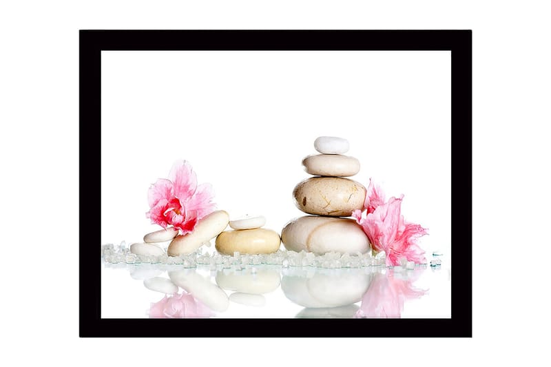 Innrammet lerretsbilde i tre - 41x56 cm - Steinrøys omgitt av rosa blomster og glitrende steiner, Hvit / Rosa / Beige