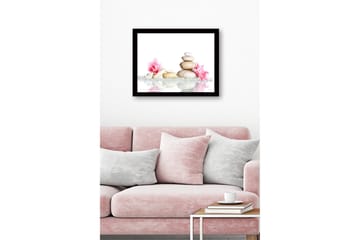 Innrammet lerretsbilde i tre - 41x56 cm - Steinrøys omgitt av rosa blomster og glitrende steiner - Hvit / Rosa / Beige - Interiør - Maleri & posters - Lerretsbilder