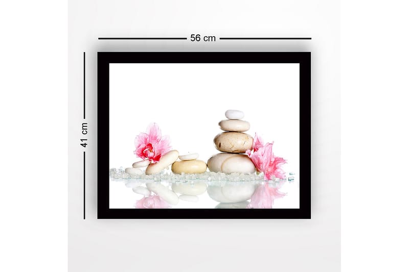 Innrammet lerretsbilde i tre - 41x56 cm - Steinrøys omgitt av rosa blomster og glitrende steiner - Hvit / Rosa / Beige - Interiør - Maleri & posters - Lerretsbilder