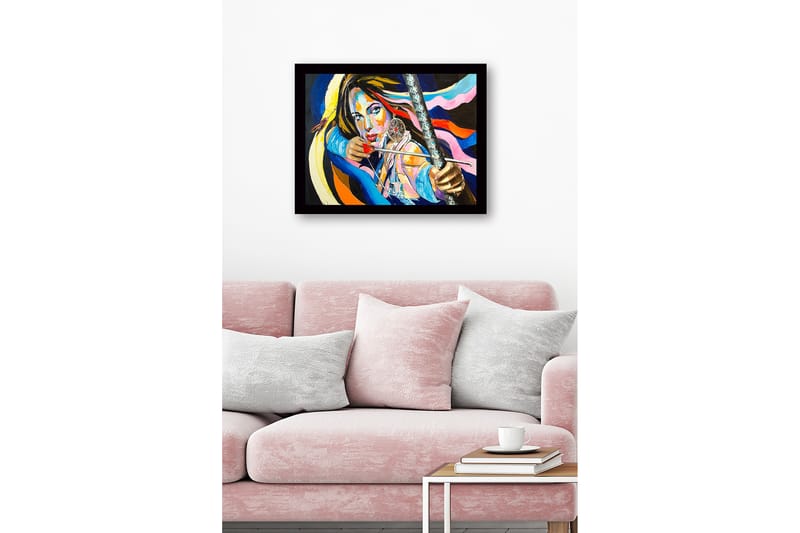 Innrammet lerretsbilde i tre - 41x56 cm - Sterkt portrett av en kvinne med pil og bue og drømmefanger - Blå / Rosa / Oransje - Interiør - Maleri & posters - Lerretsbilder