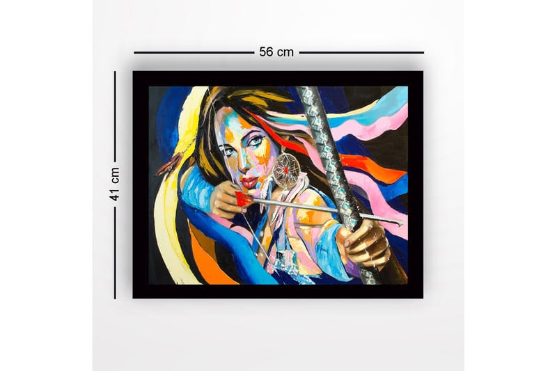 Innrammet lerretsbilde i tre - 41x56 cm - Sterkt portrett av en kvinne med pil og bue og drømmefanger - Blå / Rosa / Oransje - Interiør - Maleri & posters - Lerretsbilder