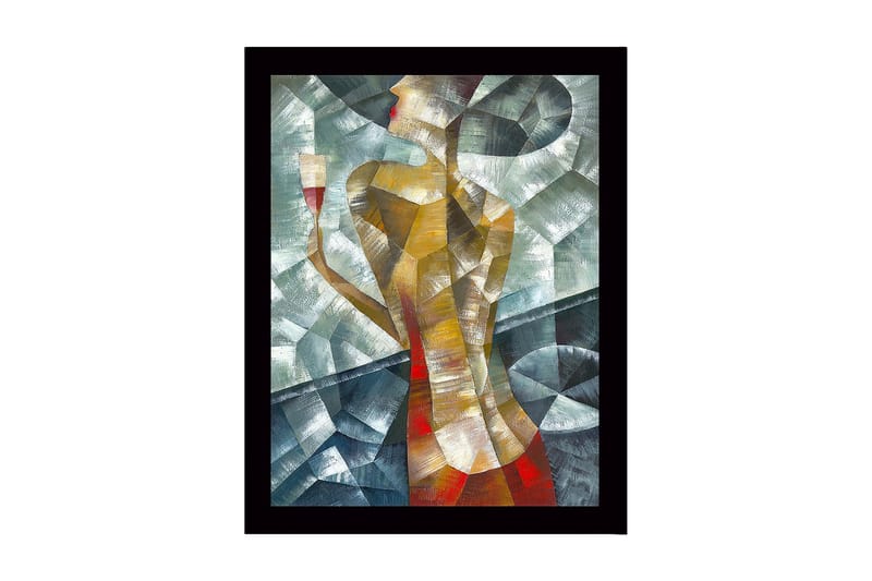 Innrammet lerretsbilde i tre - 41x56 cm - Stilisert kvinne med et glass i hånden, Gull / Rød / Grønnblå