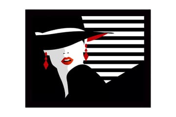 Innrammet lerretsbilde i tre - 41x56 cm - Stilisert kvinne med hatt og røde lepper - Svart / Hvit / Rød - Interiør - Maleri & posters - Lerretsbilder