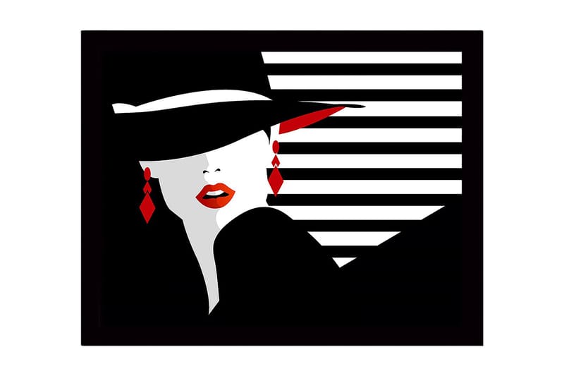 Innrammet lerretsbilde i tre - 41x56 cm - Stilisert kvinne med hatt og røde lepper, Svart / Hvit / Rød