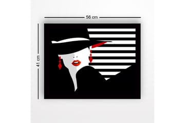 Innrammet lerretsbilde i tre - 41x56 cm - Stilisert kvinne med hatt og røde lepper - Svart / Hvit / Rød - Interiør - Maleri & posters - Lerretsbilder