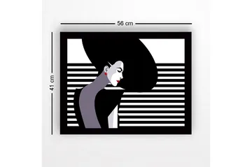 Innrammet lerretsbilde i tre - 41x56 cm - Stilisert kvinne med langt hår i profil - Svart / Hvit / Rød - Interiør - Maleri & posters - Lerretsbilder