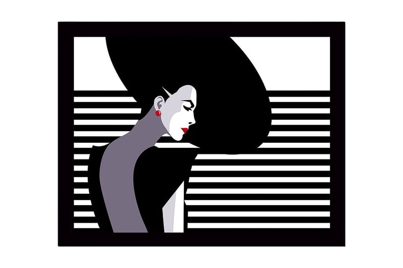 Innrammet lerretsbilde i tre - 41x56 cm - Stilisert kvinne med langt hår i profil, Svart / Hvit / Rød