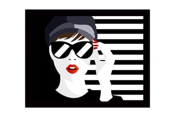 Innrammet lerretsbilde i tre - 41x56 cm - Stilisert kvinne med solbriller og rød leppestift - Svart / Hvit / Rød - Interiør - Maleri & posters - Lerretsbilder