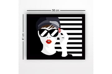 Innrammet lerretsbilde i tre - 41x56 cm - Stilisert kvinne med solbriller og rød leppestift - Svart / Hvit / Rød - Interiør - Maleri & posters - Lerretsbilder