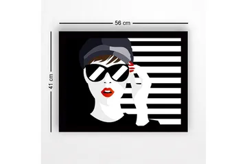 Innrammet lerretsbilde i tre - 41x56 cm - Stilisert kvinne med solbriller og rød leppestift - Svart / Hvit / Rød - Interiør - Maleri & posters - Lerretsbilder