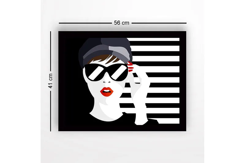 Innrammet lerretsbilde i tre - 41x56 cm - Stilisert kvinne med solbriller og rød leppestift - Svart / Hvit / Rød - Interiør - Maleri & posters - Lerretsbilder