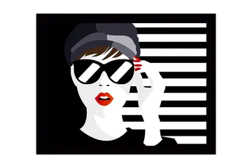 Innrammet lerretsbilde i tre - 41x56 cm - Stilisert kvinne med solbriller og rød leppestift - Svart / Hvit / Rød - Interiør - Maleri & posters - Lerretsbilder