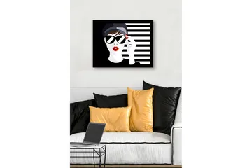 Innrammet lerretsbilde i tre - 41x56 cm - Stilisert kvinne med solbriller og rød leppestift - Svart / Hvit / Rød - Interiør - Maleri & posters - Lerretsbilder