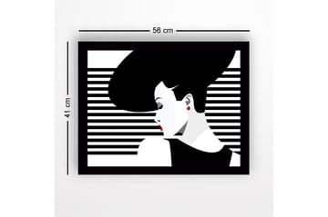 Innrammet lerretsbilde i tre - 41x56 cm - Stilisert kvinne med stort hår og røde lepper - Svart / Hvit / Rød - Interiør - Maleri & posters - Lerretsbilder