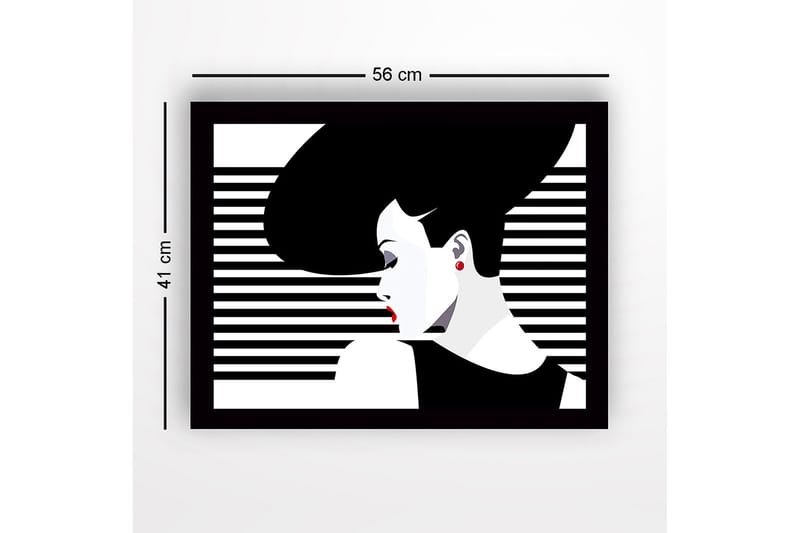 Innrammet lerretsbilde i tre - 41x56 cm - Stilisert kvinne med stort hår og røde lepper - Svart / Hvit / Rød - Interiør - Maleri & posters - Lerretsbilder