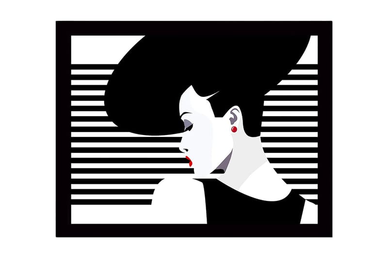 Innrammet lerretsbilde i tre - 41x56 cm - Stilisert kvinne med stort hår og røde lepper, Svart / Hvit / Rød