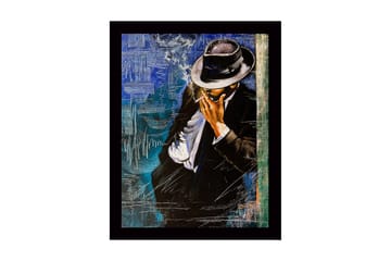 Innrammet lerretsbilde i tre - 41x56 cm - Stilisert mann i dress med hatt som røyker en sigarett - Svart / Blå / Hvit - Interiør - Maleri & posters - Lerretsbilder