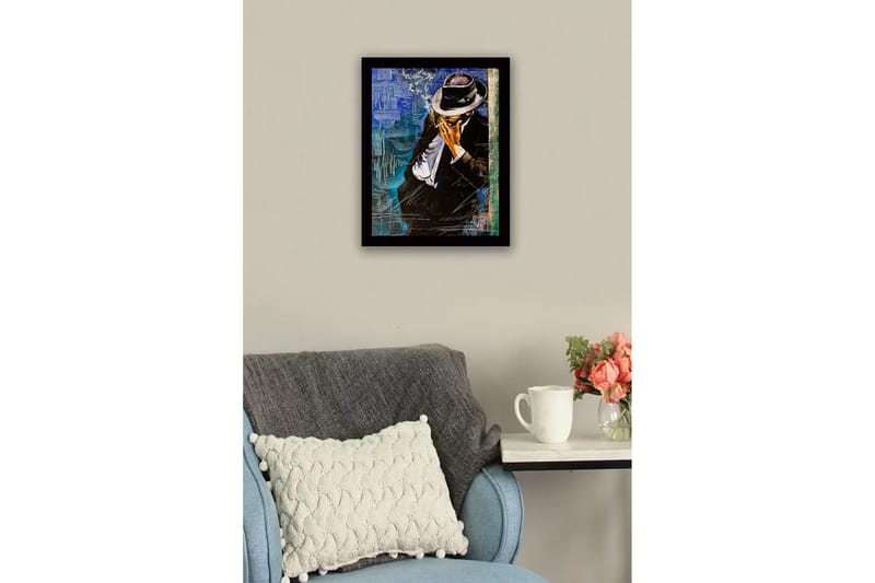 Innrammet lerretsbilde i tre - 41x56 cm - Stilisert mann i dress med hatt som røyker en sigarett - Svart / Blå / Hvit - Interiør - Maleri & posters - Lerretsbilder