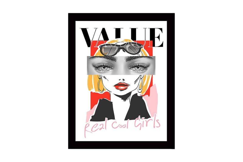 Innrammet lerretsbilde i tre - 41x56 cm - Stilisert portrett av en kvinne med solbriller og fargerik bakgrunn, Rød / Svart / Gul