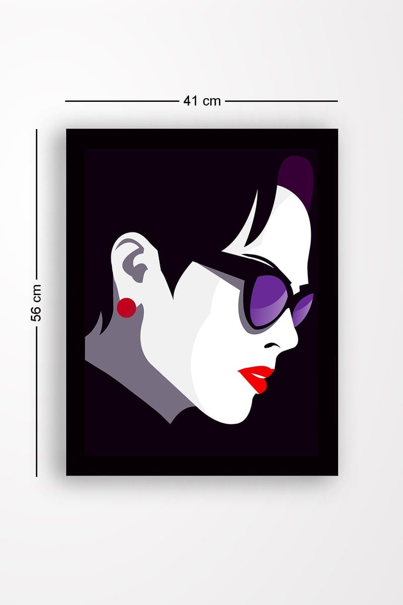 Innrammet lerretsbilde i tre - 41x56 cm - Stilisert profil av en kvinne med solbriller - Mørk lilla / Rød / Hvit - Interiør - Maleri & posters - Lerretsbilder