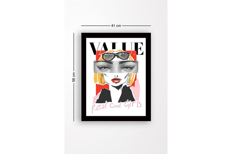 Innrammet lerretsbilde i tre - 41x56 cm - Stilisert portrett av en kvinne med solbriller og fargerik bakgrunn - Rød / Svart / Gul - Interiør - Maleri & posters - Lerretsbilder
