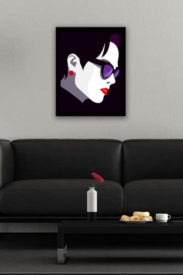 Innrammet lerretsbilde i tre - 41x56 cm - Stilisert profil av en kvinne med solbriller - Mørk lilla / Rød / Hvit - Interiør - Maleri & posters - Lerretsbilder