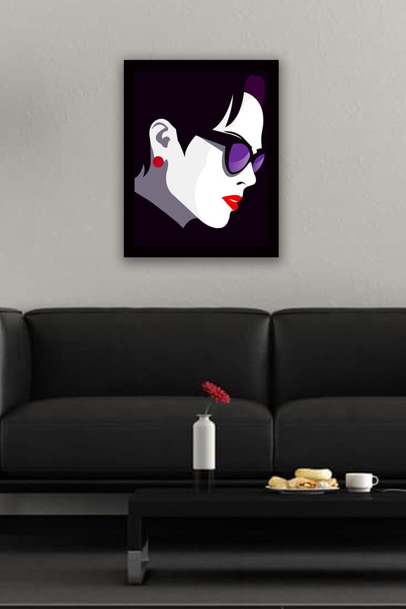 Innrammet lerretsbilde i tre - 41x56 cm - Stilisert profil av en kvinne med solbriller - Mørk lilla / Rød / Hvit - Interiør - Maleri & posters - Lerretsbilder