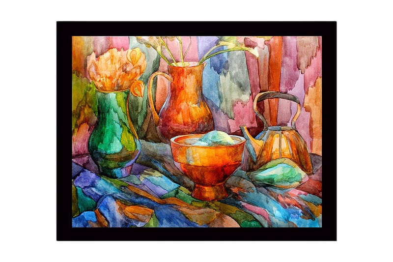 Innrammet lerretsbilde i tre - 41x56 cm - Stillhet med fargerike kar og blomster, Grønn / Oransje / Blå