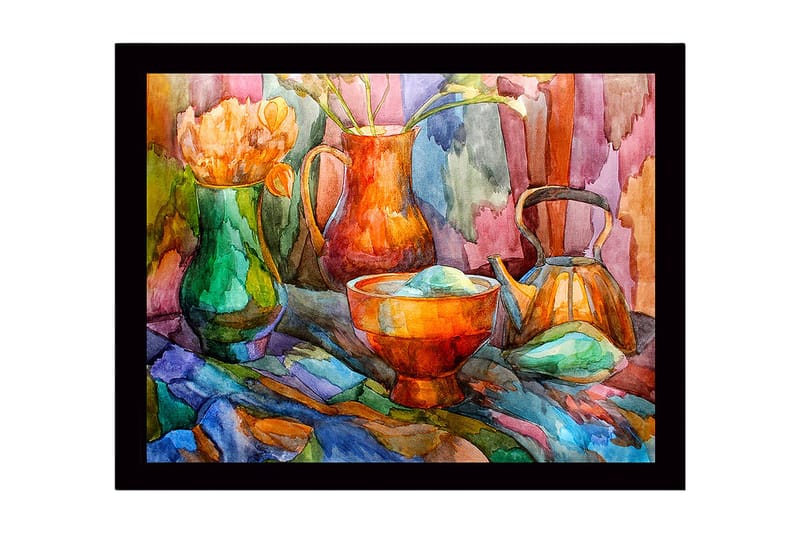 Innrammet lerretsbilde i tre - 41x56 cm - Stillhet med fargerike kar og blomster, Grønn / Oransje / Blå
