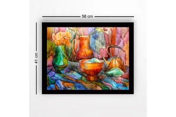 Innrammet lerretsbilde i tre - 41x56 cm - Stillhet med fargerike kar og blomster - Grønn / Oransje / Blå - Interiør - Maleri & posters - Lerretsbilder